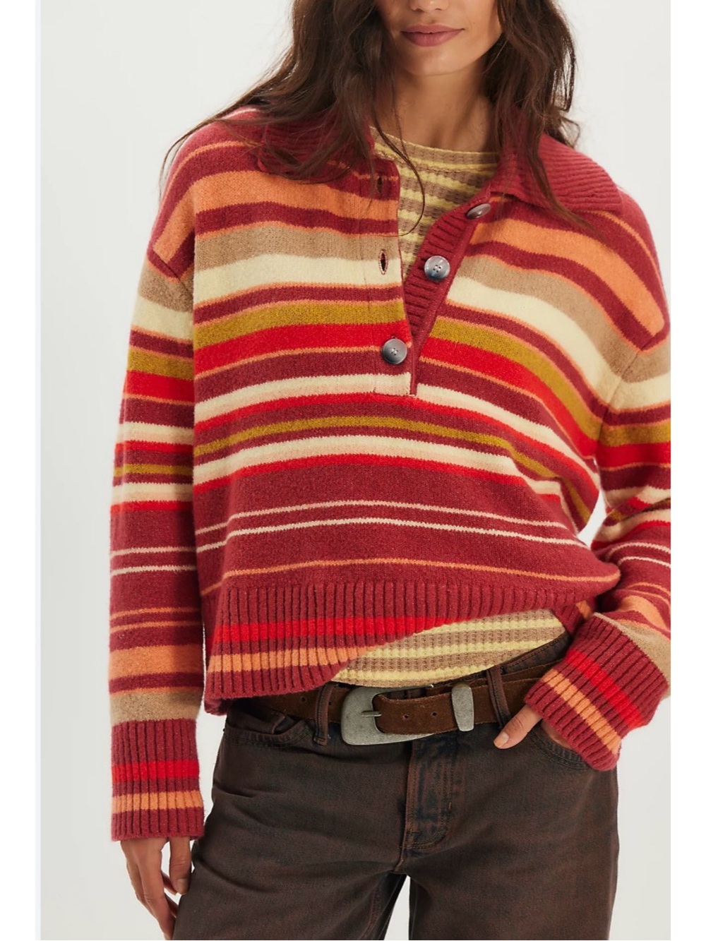 Striped Button-Neck Women's Sweater in Multi-Red